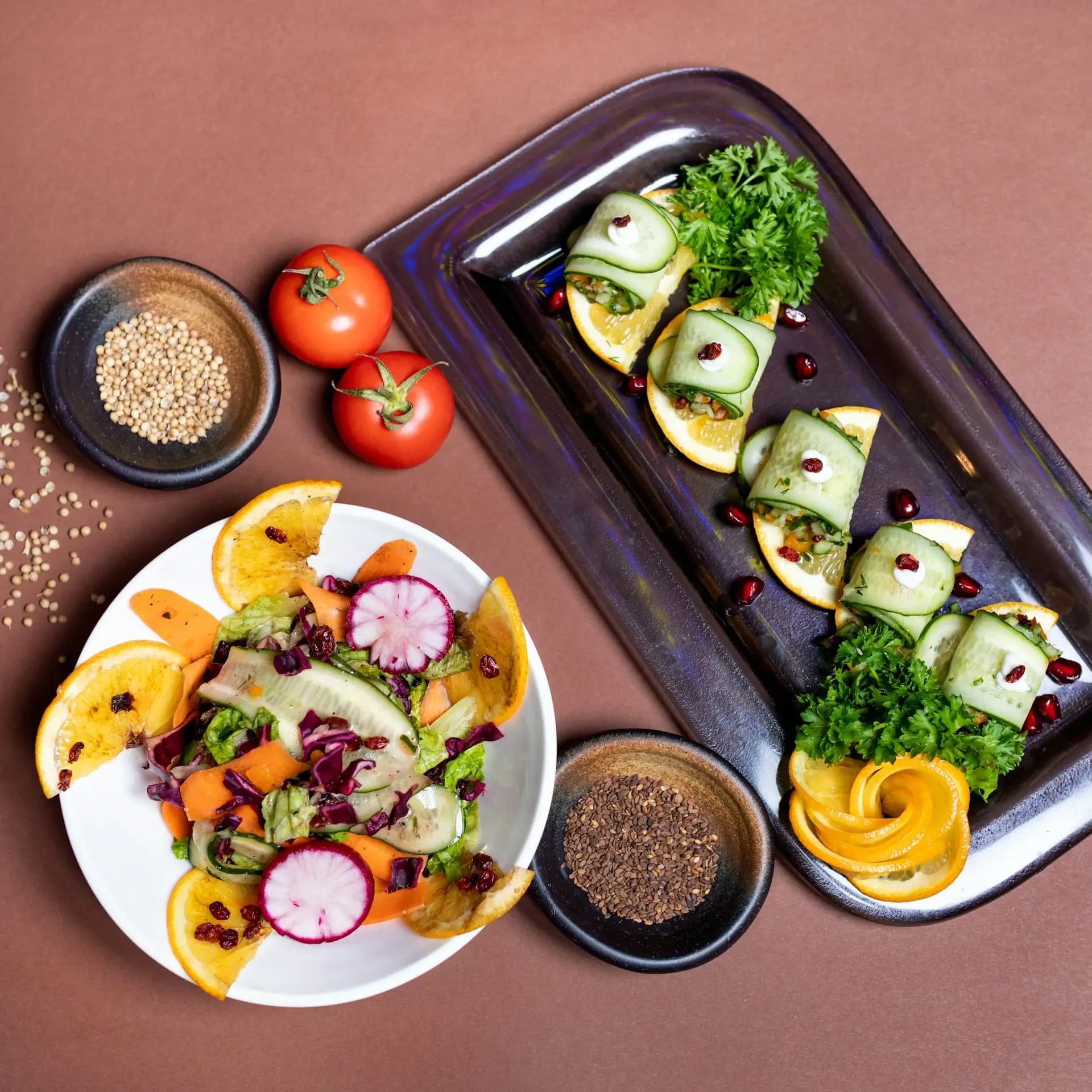 Dishes with fresh fruit and vegetables